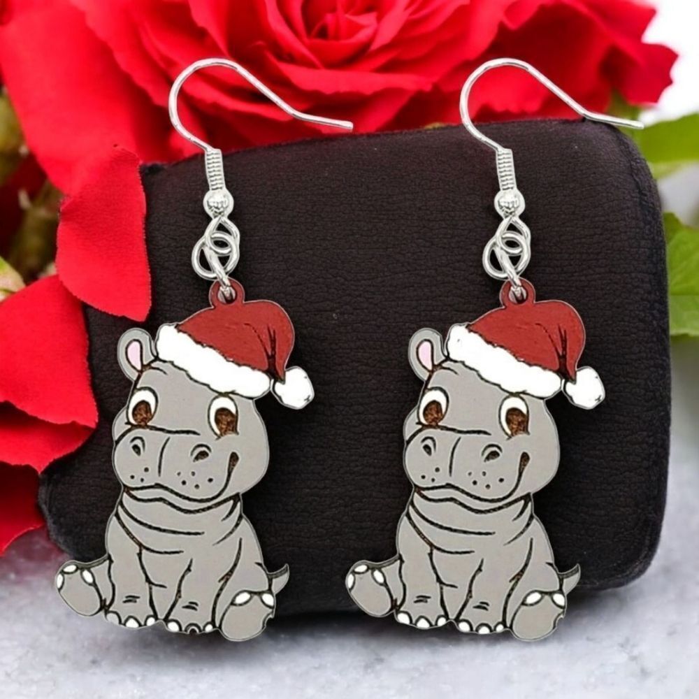 Holiday Earrings 🎄Hippopotamus Santa Hat Christmas Wooden Dangle Drop Jewelry